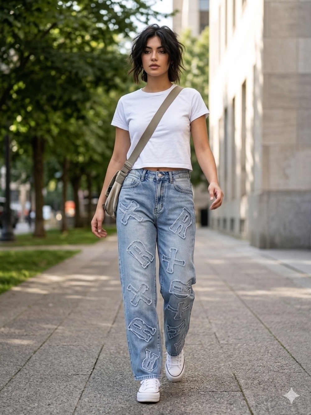 Light Blue Embroidered Patchwork Jeans - Women